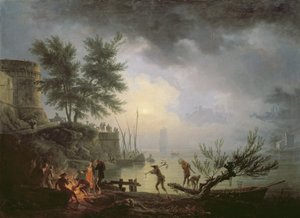Sunrise, A Coastal Scene with Figures around a Fire by Claude Joseph Vernet